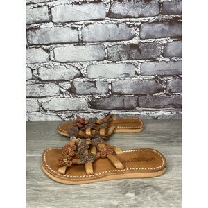 Laidback London Brown Leather Handmade Boho Floral Beaded Sandals Women 7US/38EU